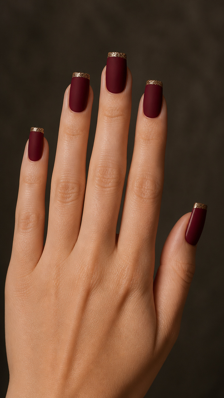 Deep Burgundy Matte with Gold Micro Glitter Tips