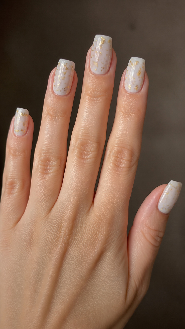 Milky White Nails with Gold Leaf Flecks