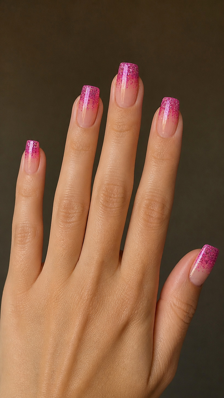 Hot Pink Glitter Gradient on Sheer Base