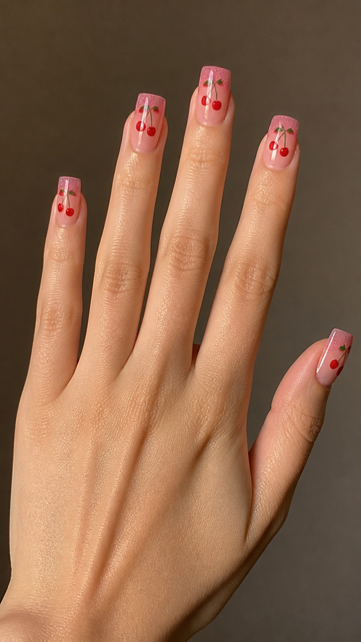 Cherry Print on Transparent Pink Tips