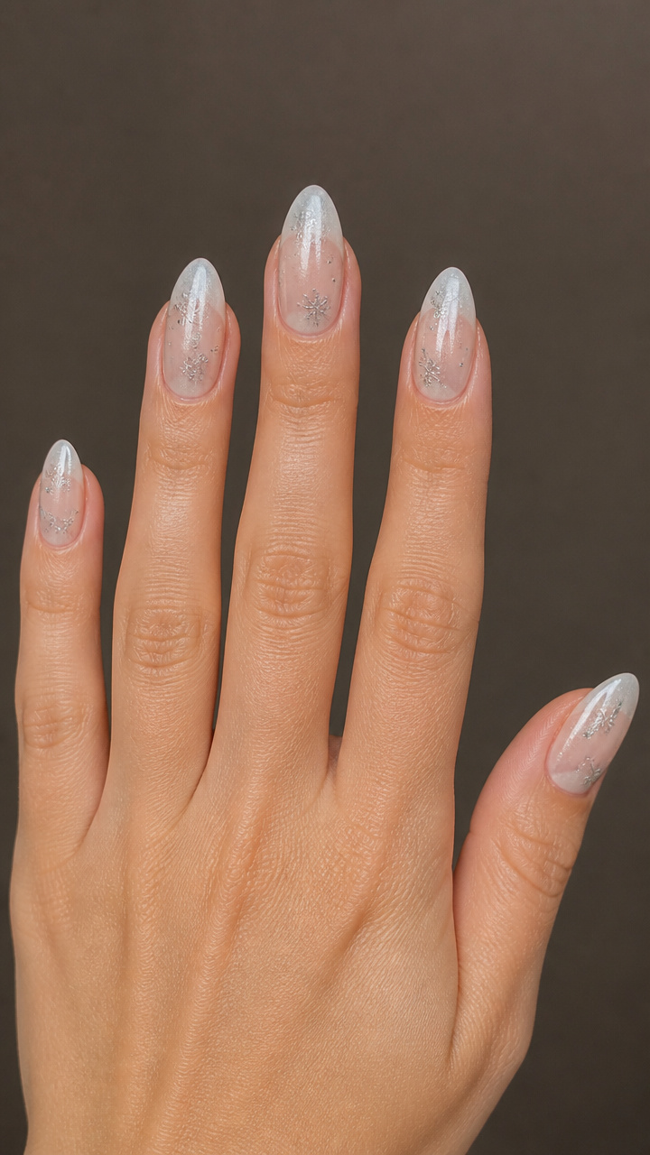 Frosted Glass Almond Nails with Micro Snowflakes