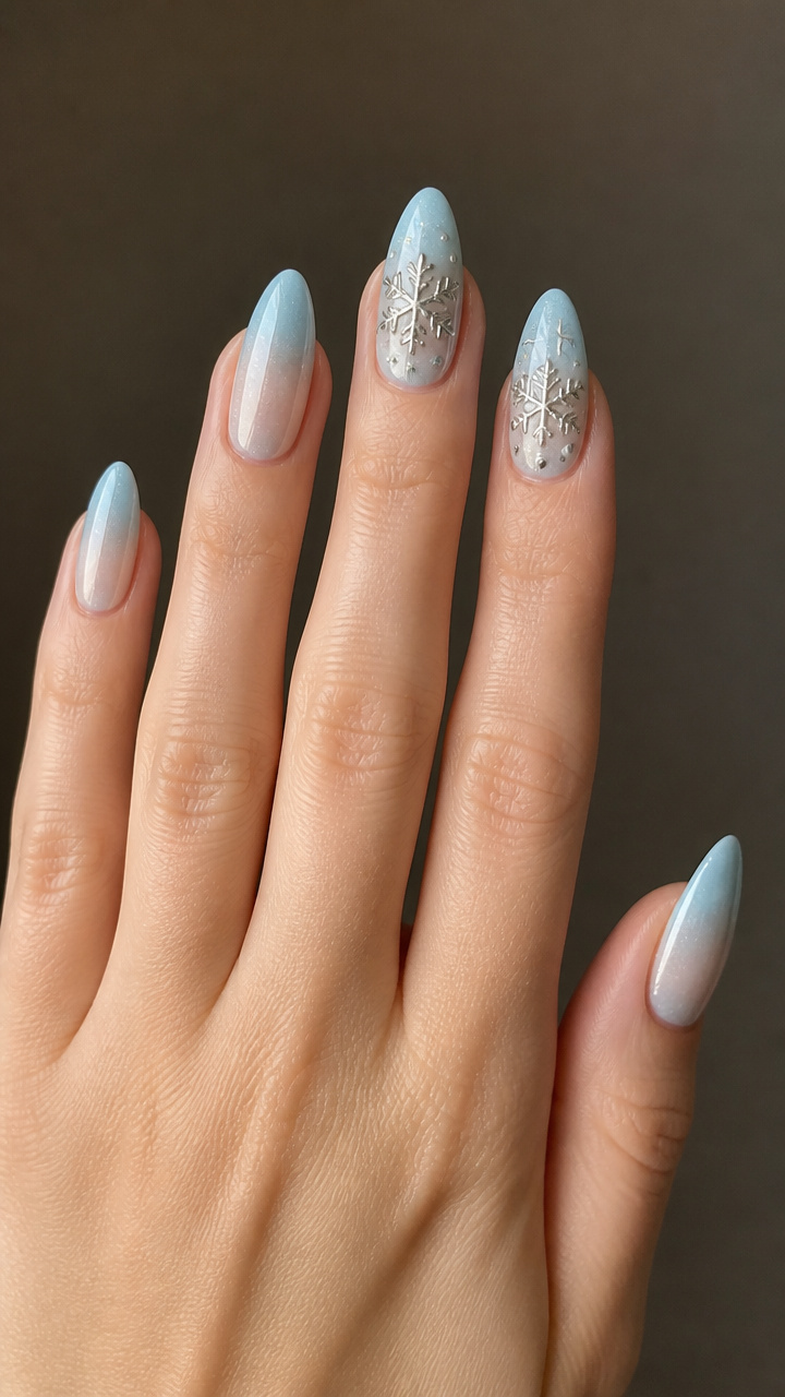 Icy Blue Ombré Tips with Silver Snow Crystals