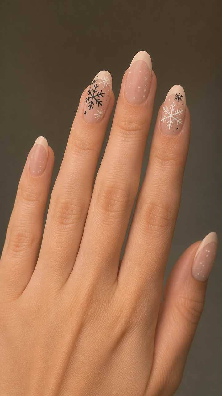 Snow-Dusted Nude Tips with Hand-Painted Flakes