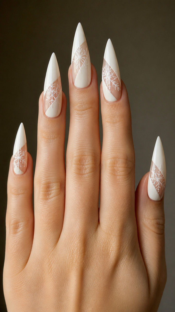 Alabaster Stiletto Nails with Negative Space Flakes