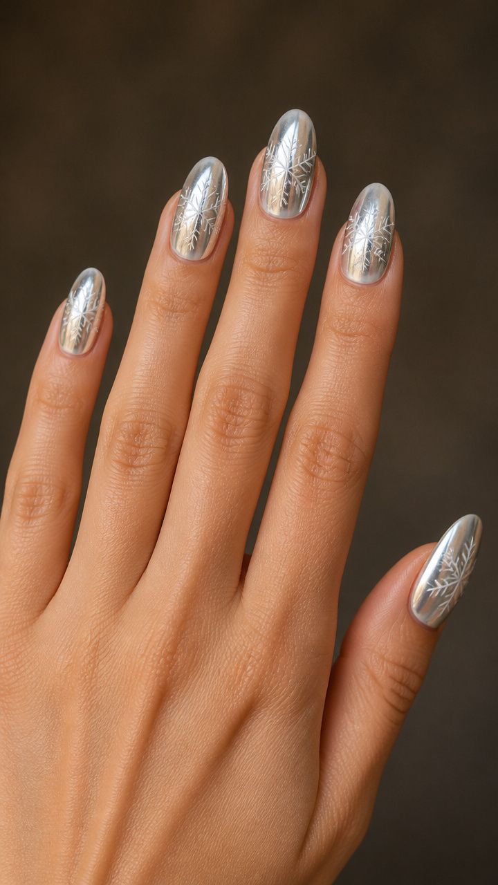Mirror Chrome White Nails with Etched Flake Patterns