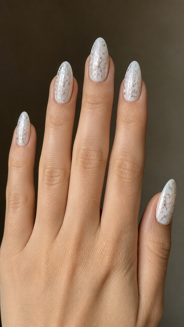 White Gel Nails with Silver Leaf Flecks