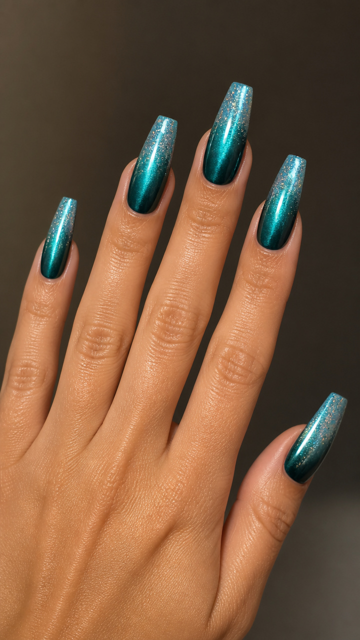 Icy Teal Coffin Nails with Glitter Gradient
