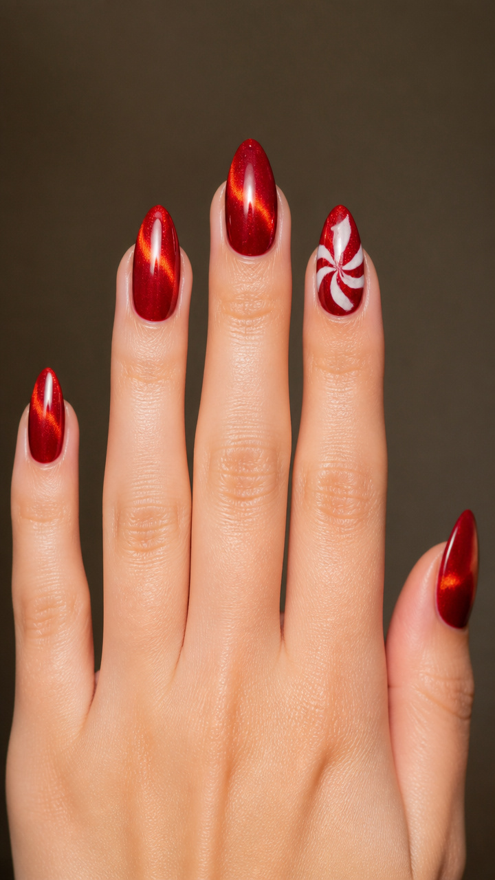 Candy Cane Red Cat Eye with White Swirl Accent