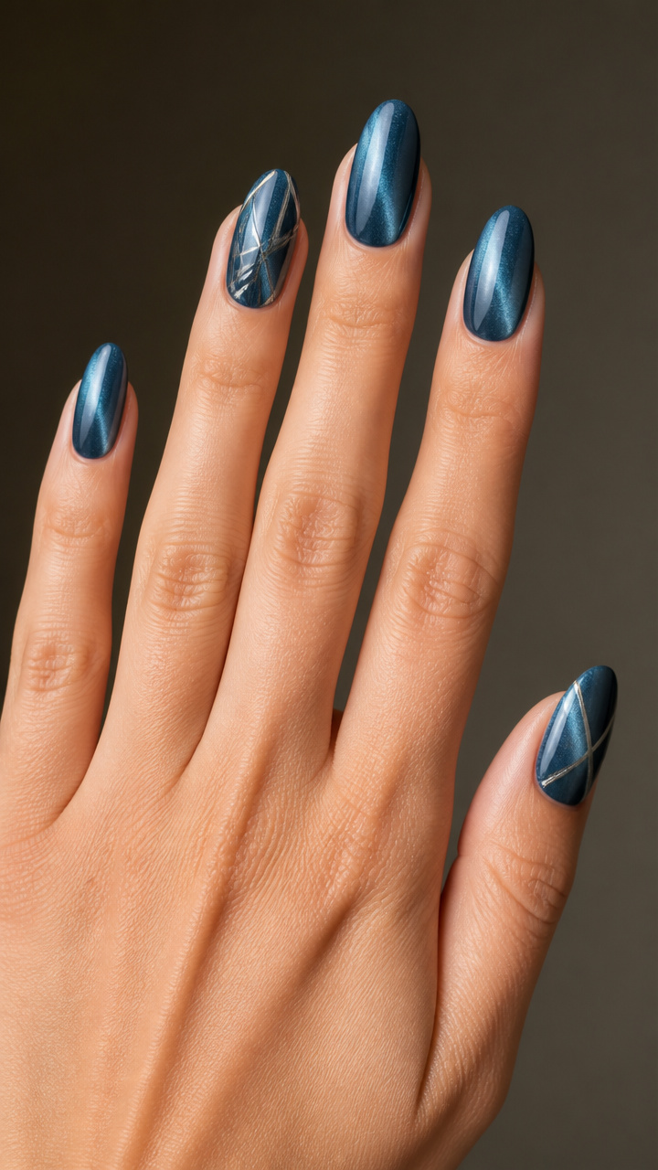 Steel Blue Chrome Cat Eye with Angular Line Art