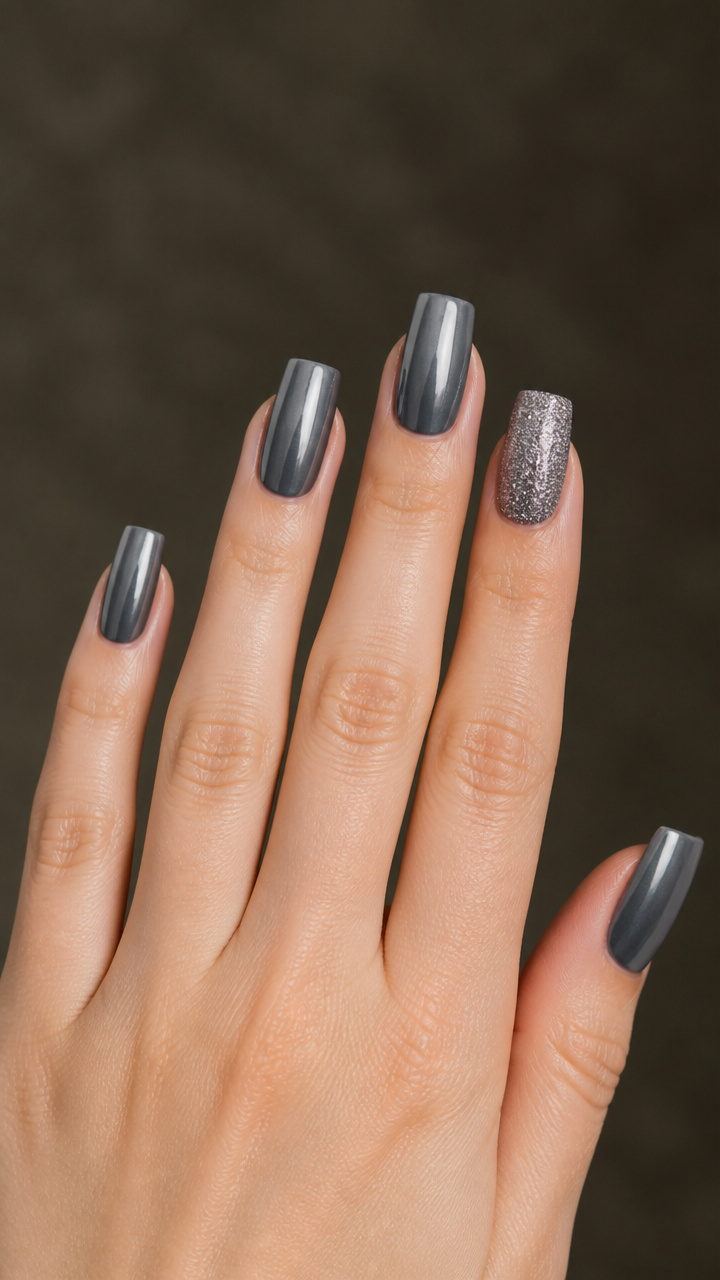 Charcoal Gray Chrome with Frosted Accent Nail