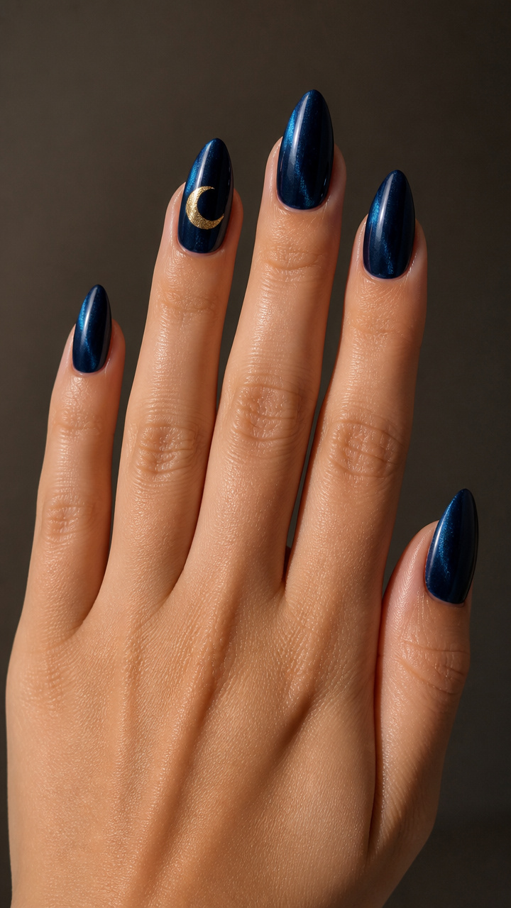 Navy Blue Chrome with Gold Crescent Moon