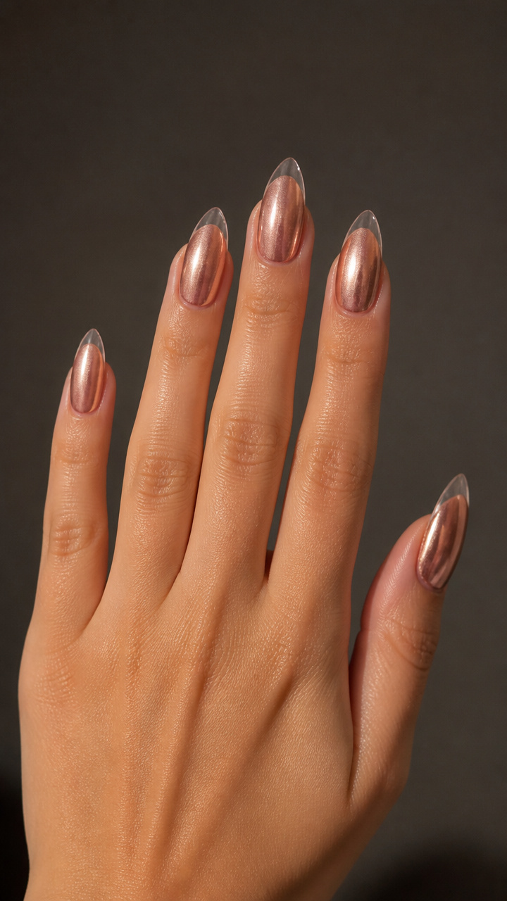 Rose Gold Chrome Almond Nails with Clear Tips