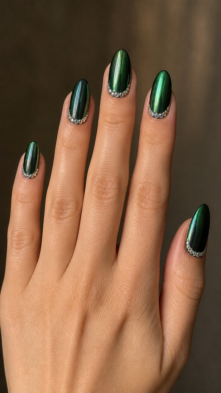 Emerald Green Chrome with Rhinestone Crescent