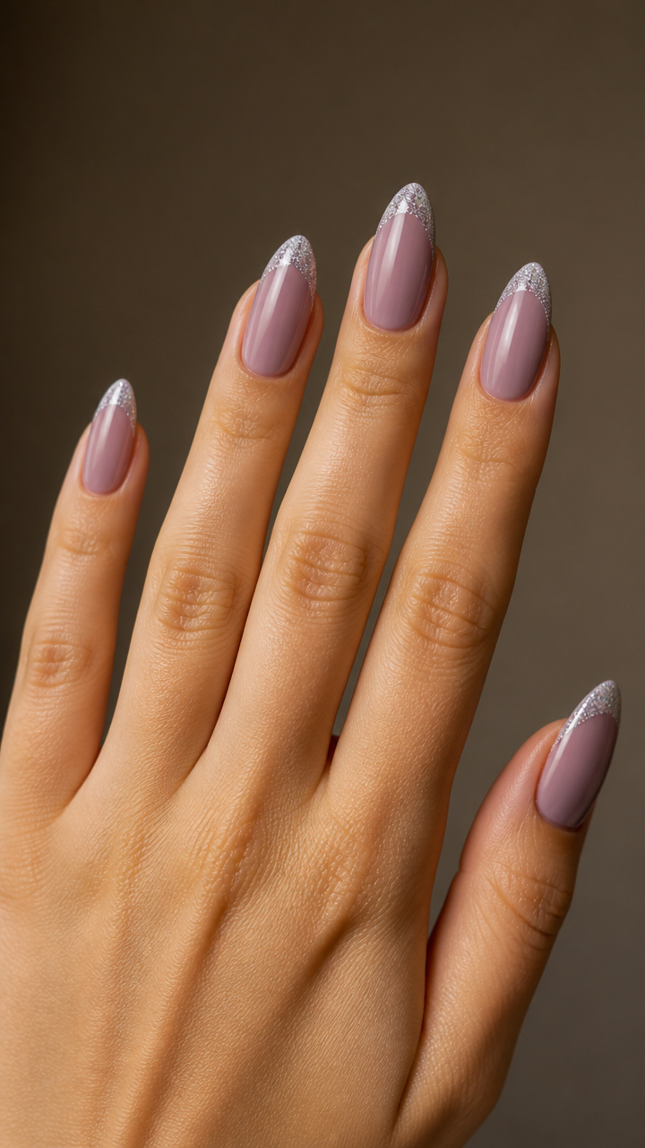 Frosted Mauve Almond with Silver Glitter Tips