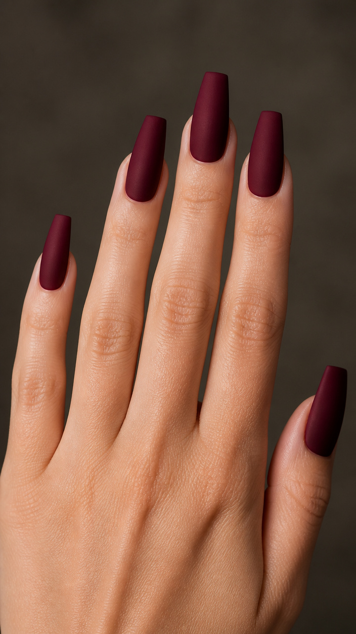 Deep Burgundy Coffin Nails with Matte Top Coat