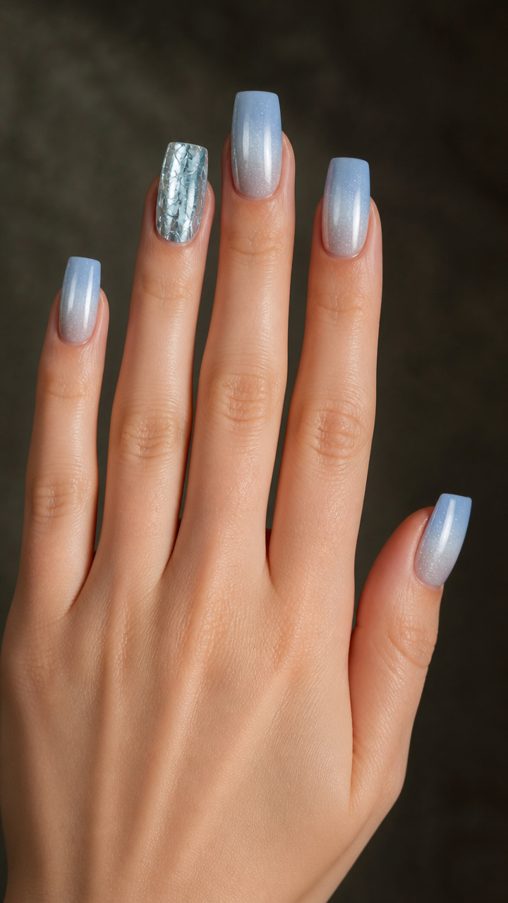 Icy Blue Ombré with Chrome Accent on Square Tips
