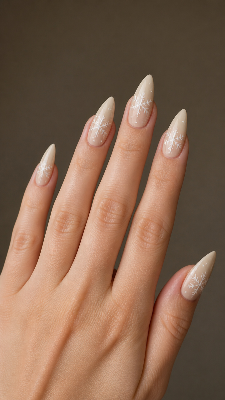 Snowflake Art on Creamy Beige Stiletto Nails