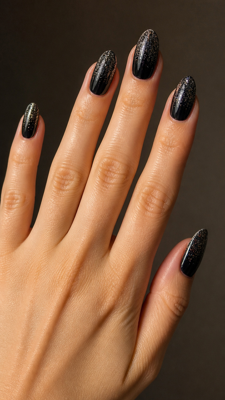 Glitter Gradient on Black Oval Nails