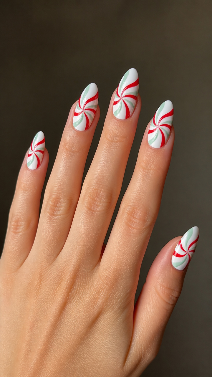 Peppermint Swirls on White Almond Nails