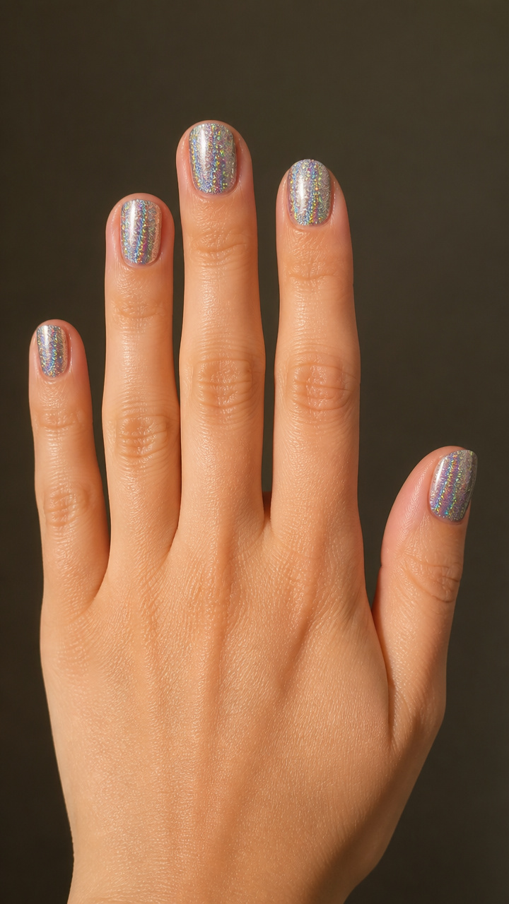 Holographic Silver on Short Round Nails