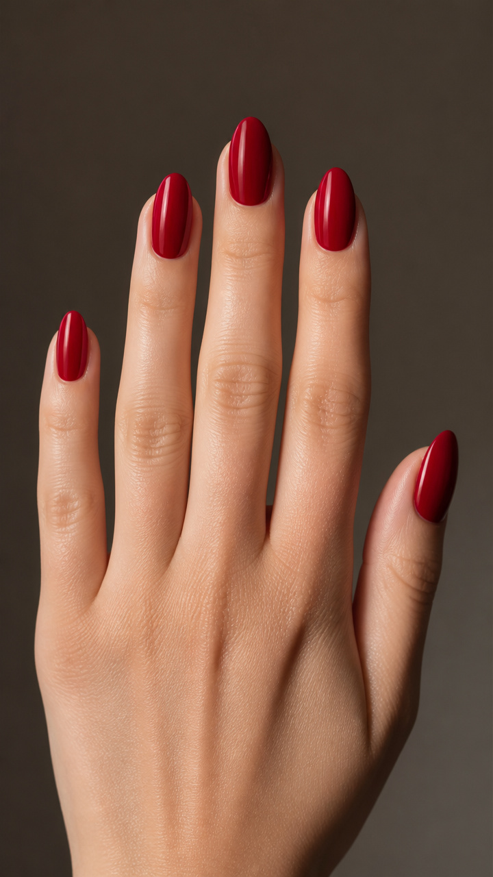 Red Velvet with Glossy Finish on Almond Nails