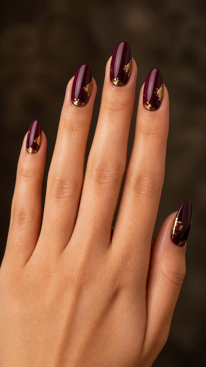 Deep Plum Almond Nails with Gold Leaf Accents