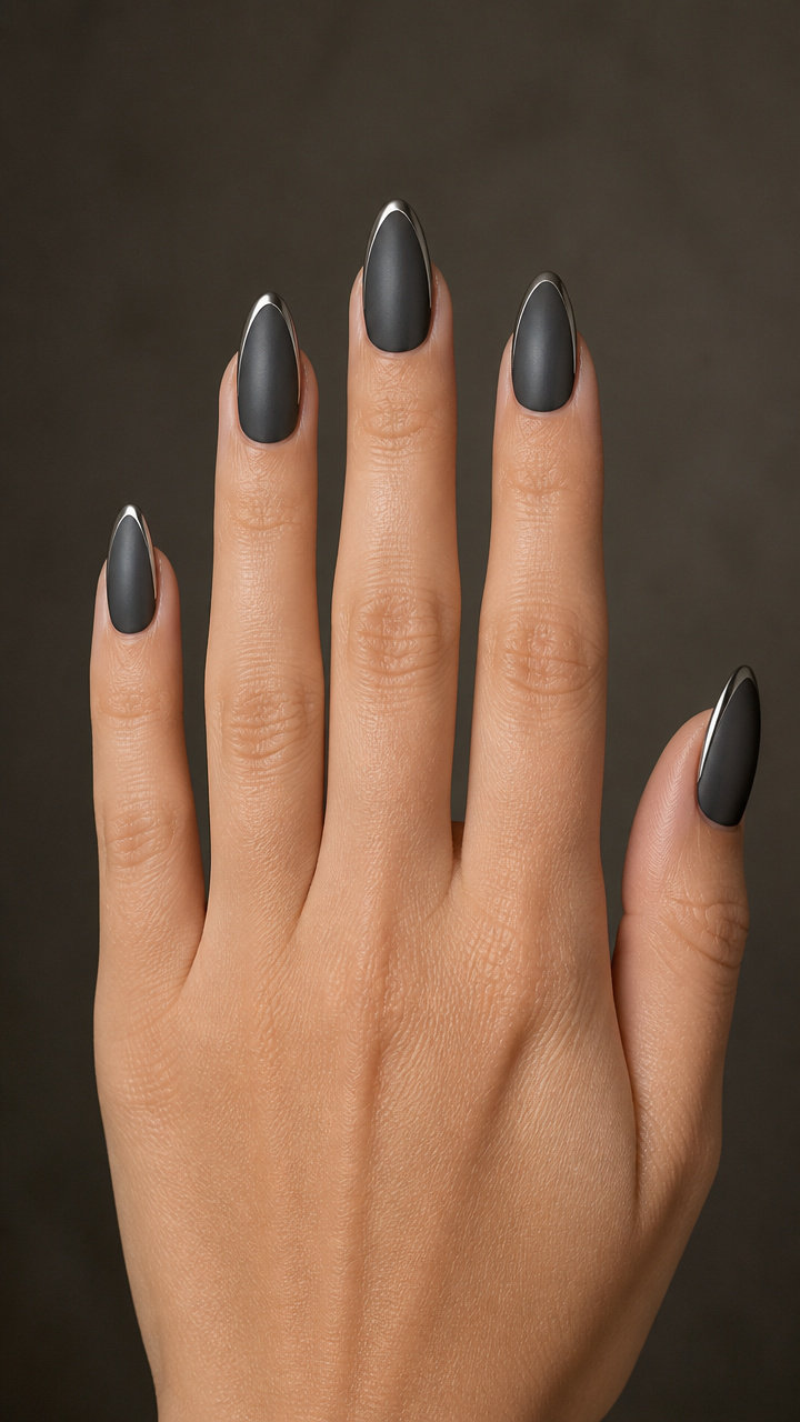 Charcoal Gray Matte Almond Nails with Chrome Edge