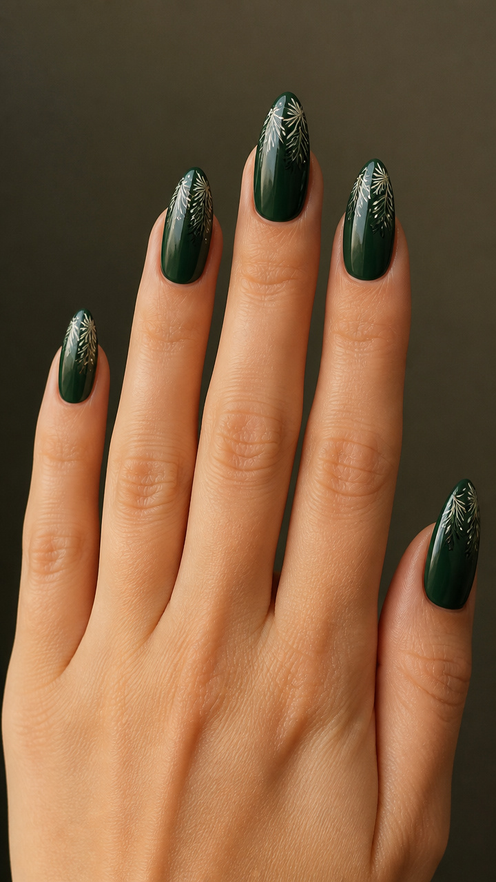Forest Green Almond Nails with Pine Needle Art