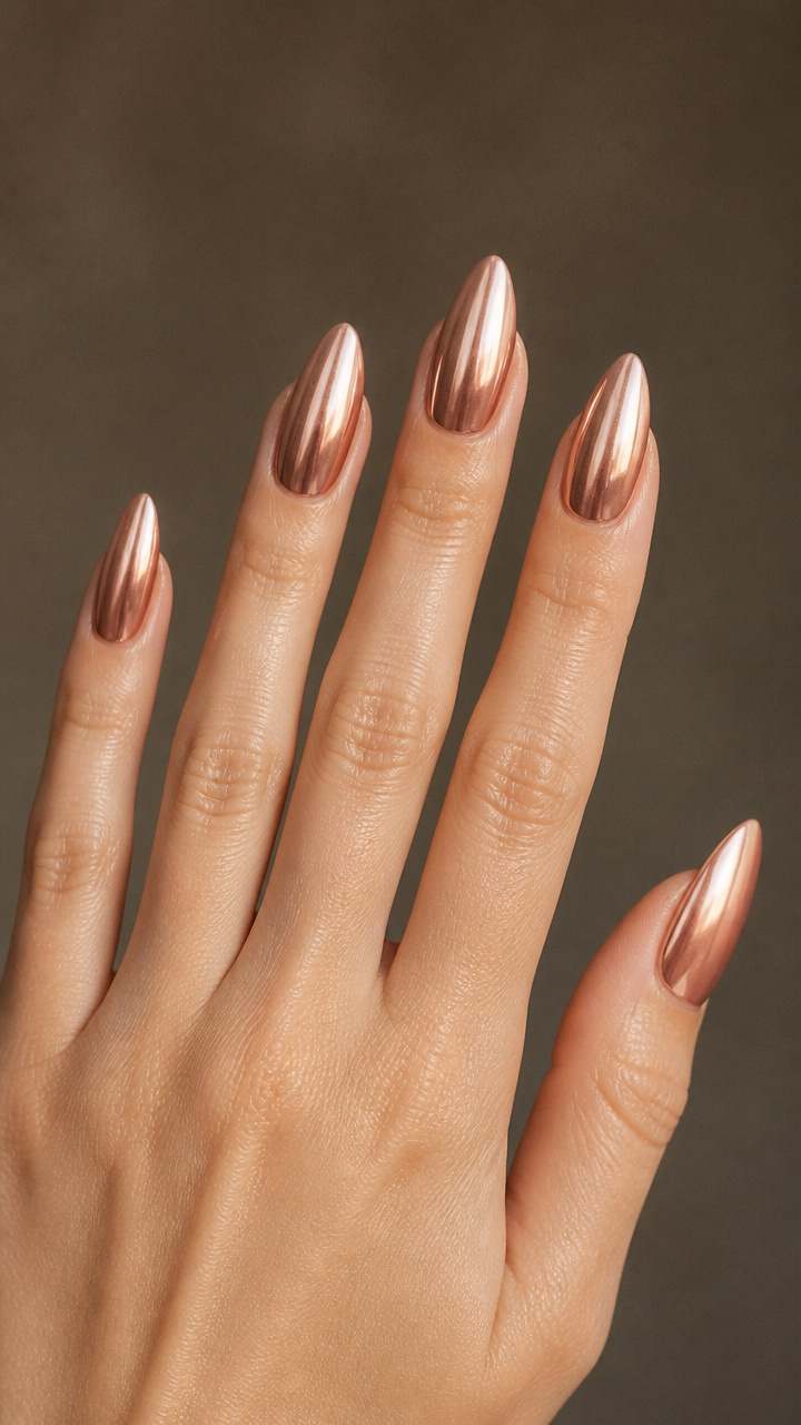 Rose Gold Chrome Almond Nails