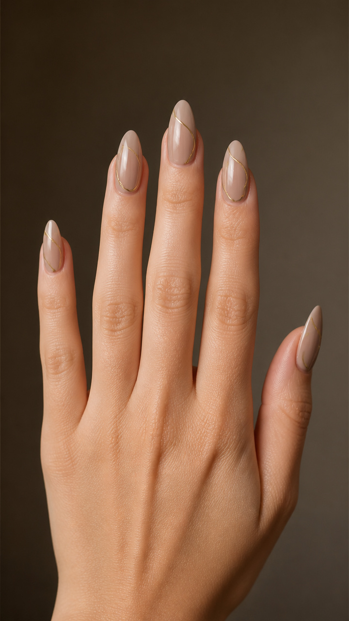 Taupe Beige Almond Nails with Minimalist Line Art