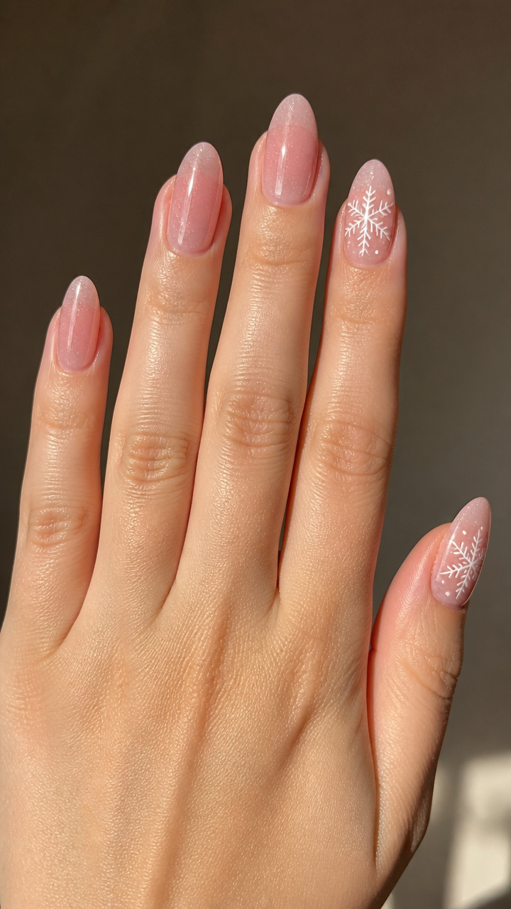 Snowflake Accent Nails on Sheer Rose Quartz Base