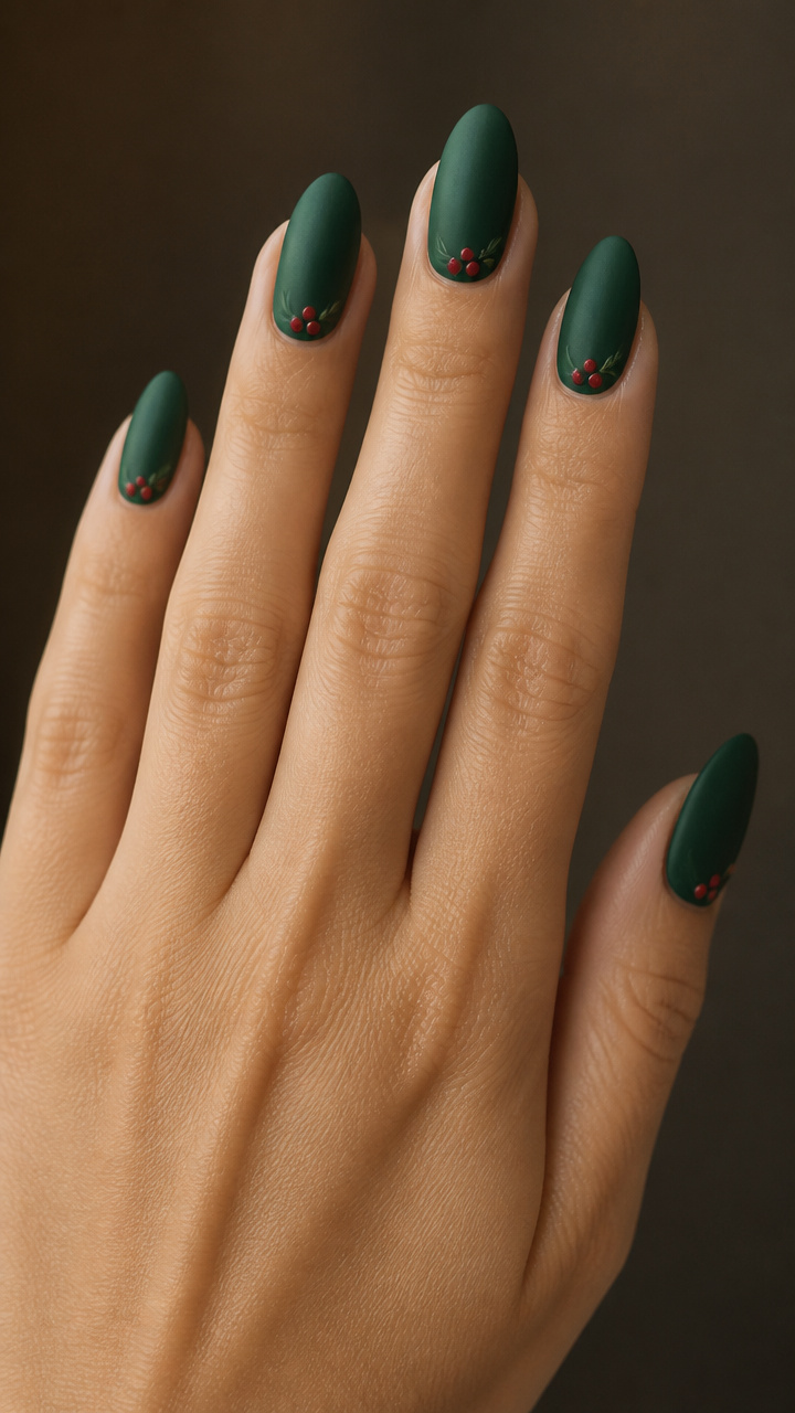 Matte Forest Green Almonds with Tiny Red Berry Accents
