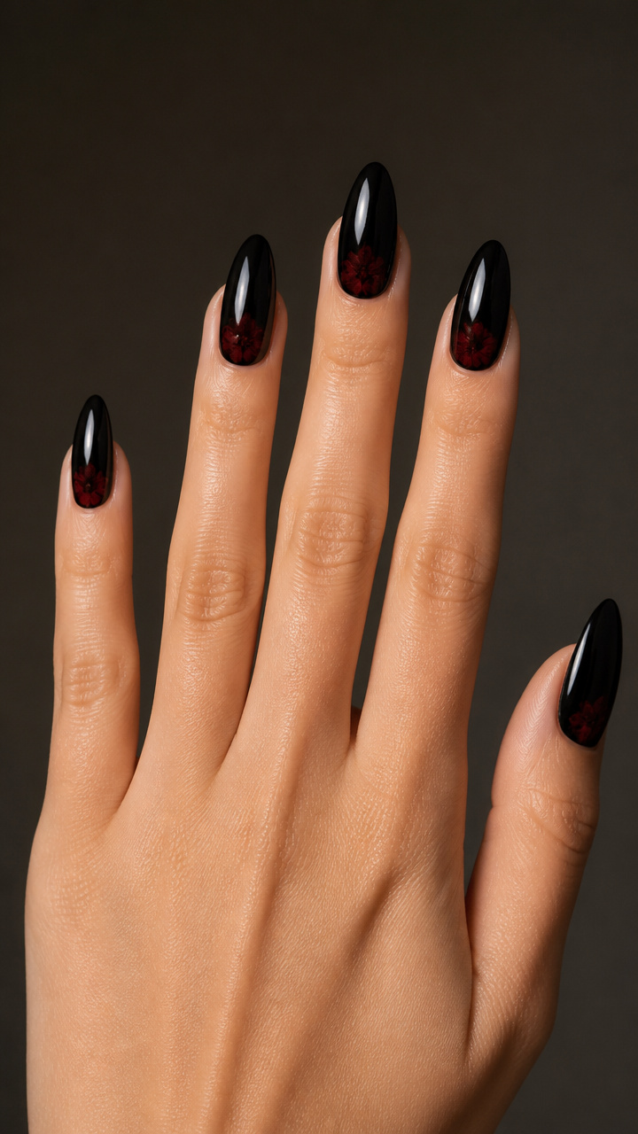 Black Almond Nails with Hidden Red Florals