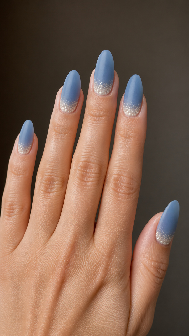 Dusty Blue Almond Nails with Pearl Gradient Near Cuticle
