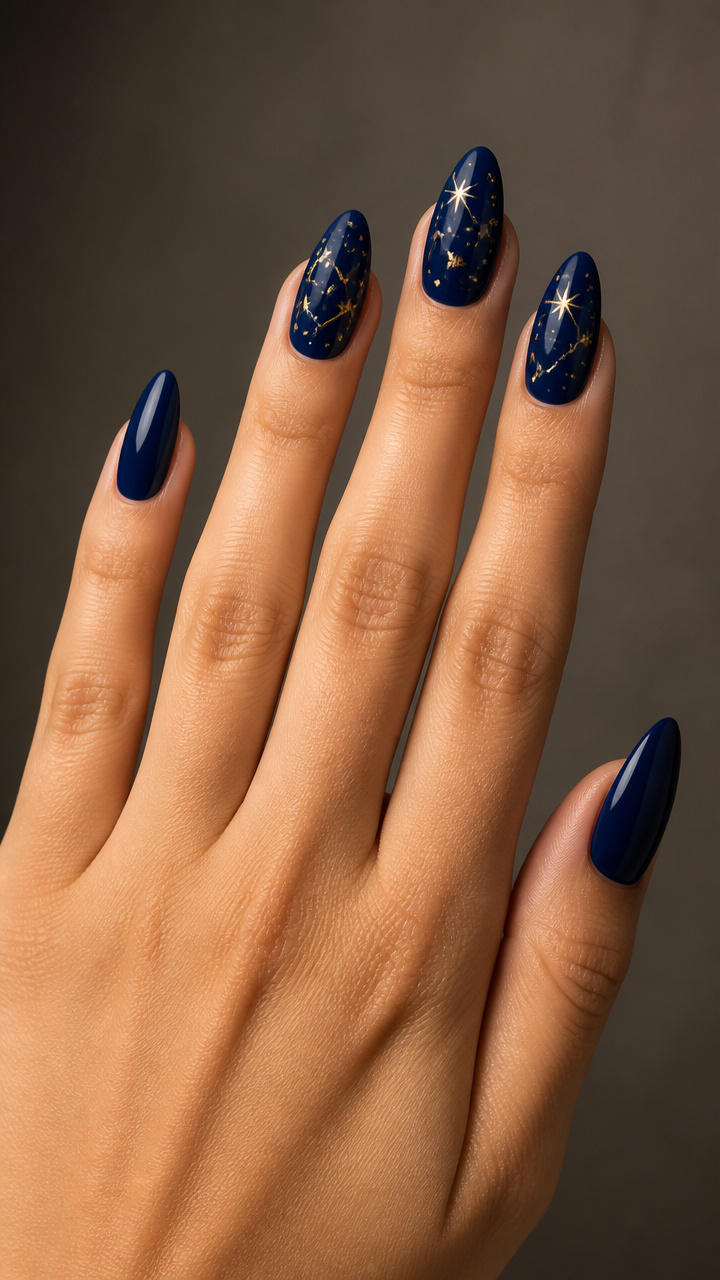 Navy Almond Nails with Gold Starfield Accents