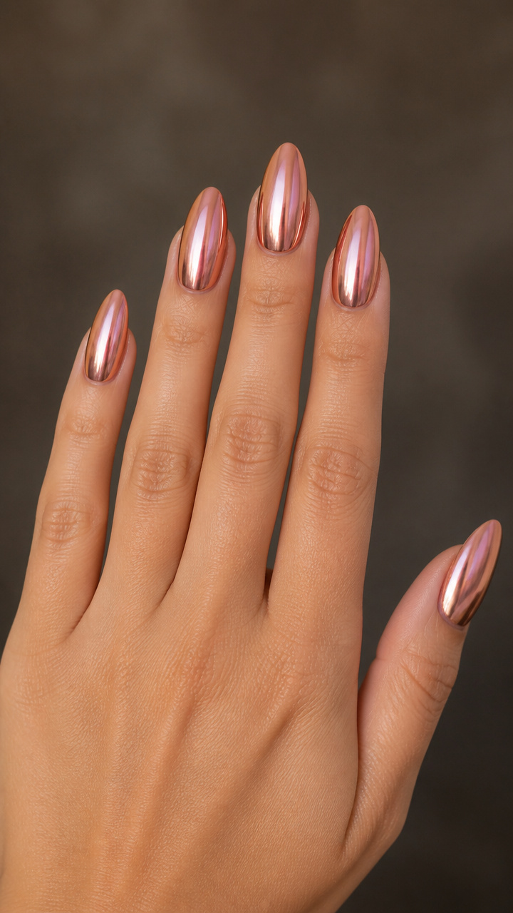 Rose Gold Chrome Almond Nails
