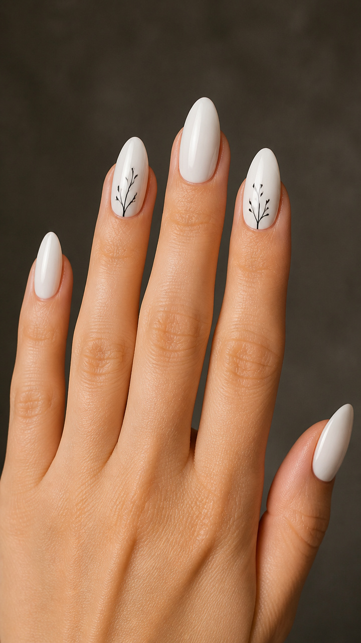 White Almond Nails with Delicate Black Twig Art