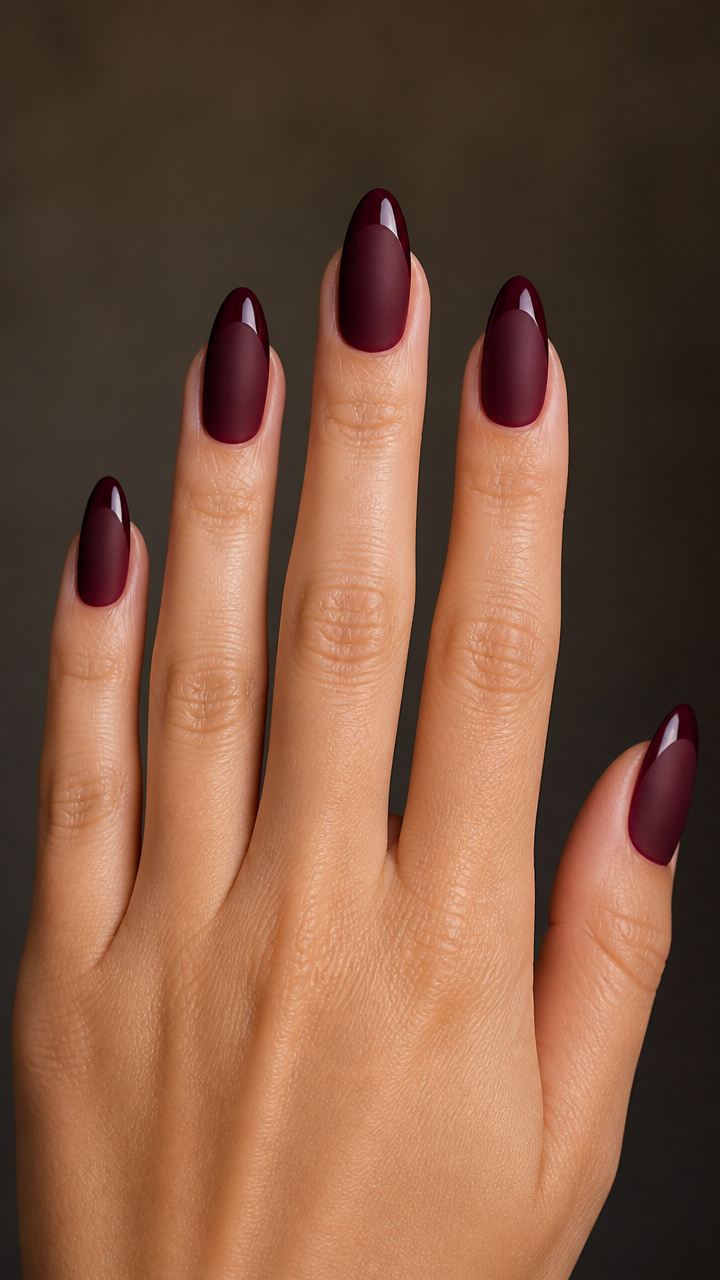 Burgundy Almond Nails with Matte Top Coat and Glossy Tips