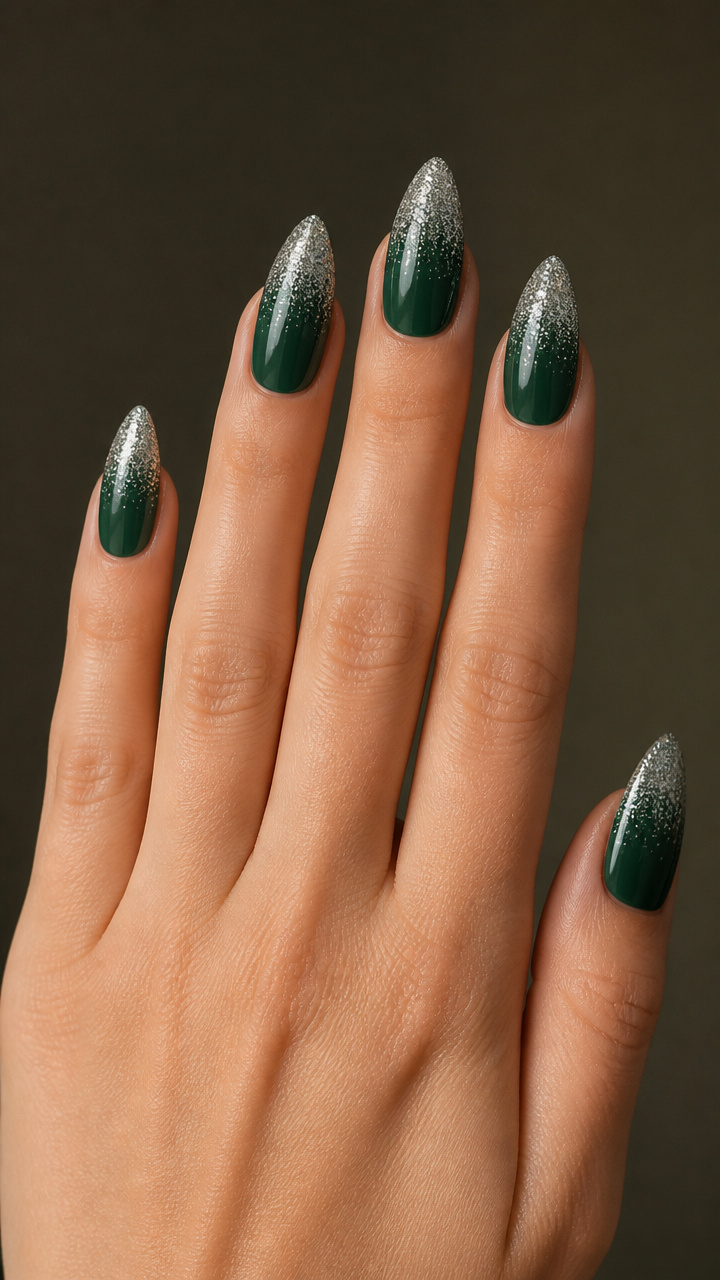 Silver Dusted Evergreen Almond Nails