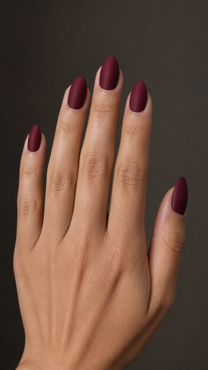 Deep Burgundy Almond Nails with Matte Top Coat