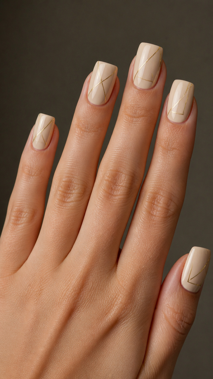 Creamy Beige Square Nails with Gold Line Art