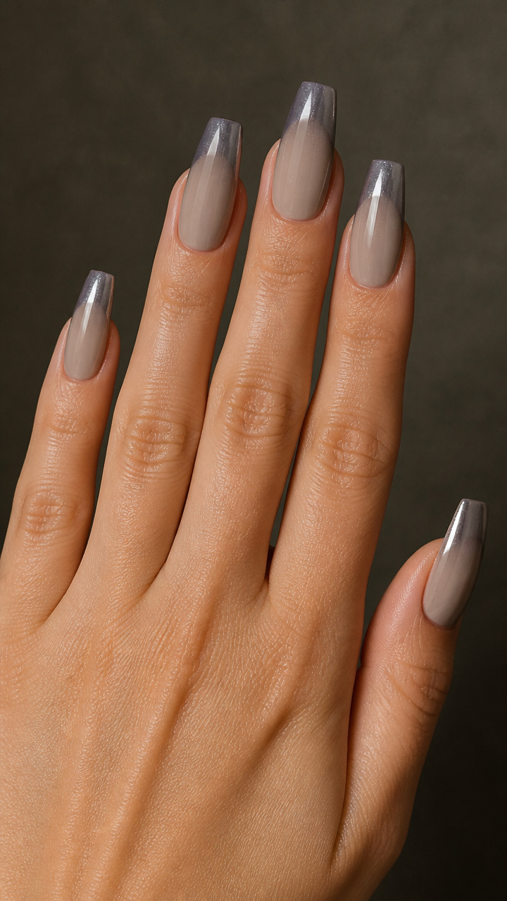 Taupe Coffin Nails with Chrome Gradient