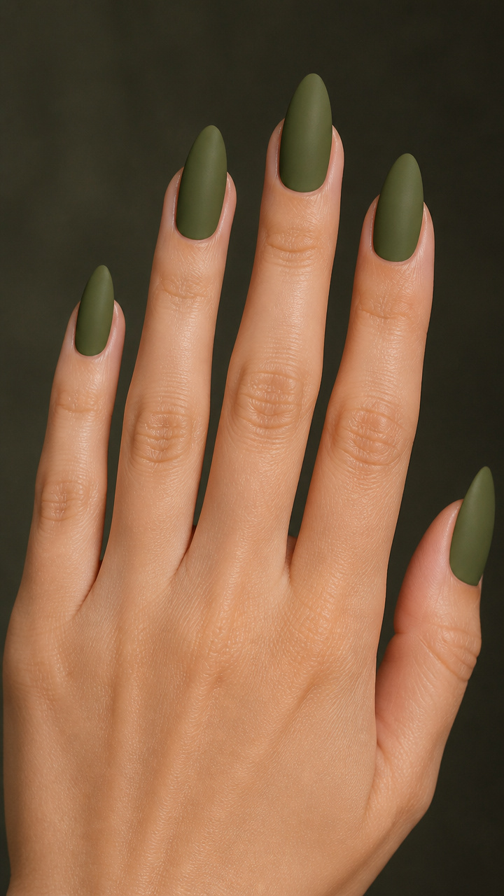 Olive Green Almond Nails with Matte Finish
