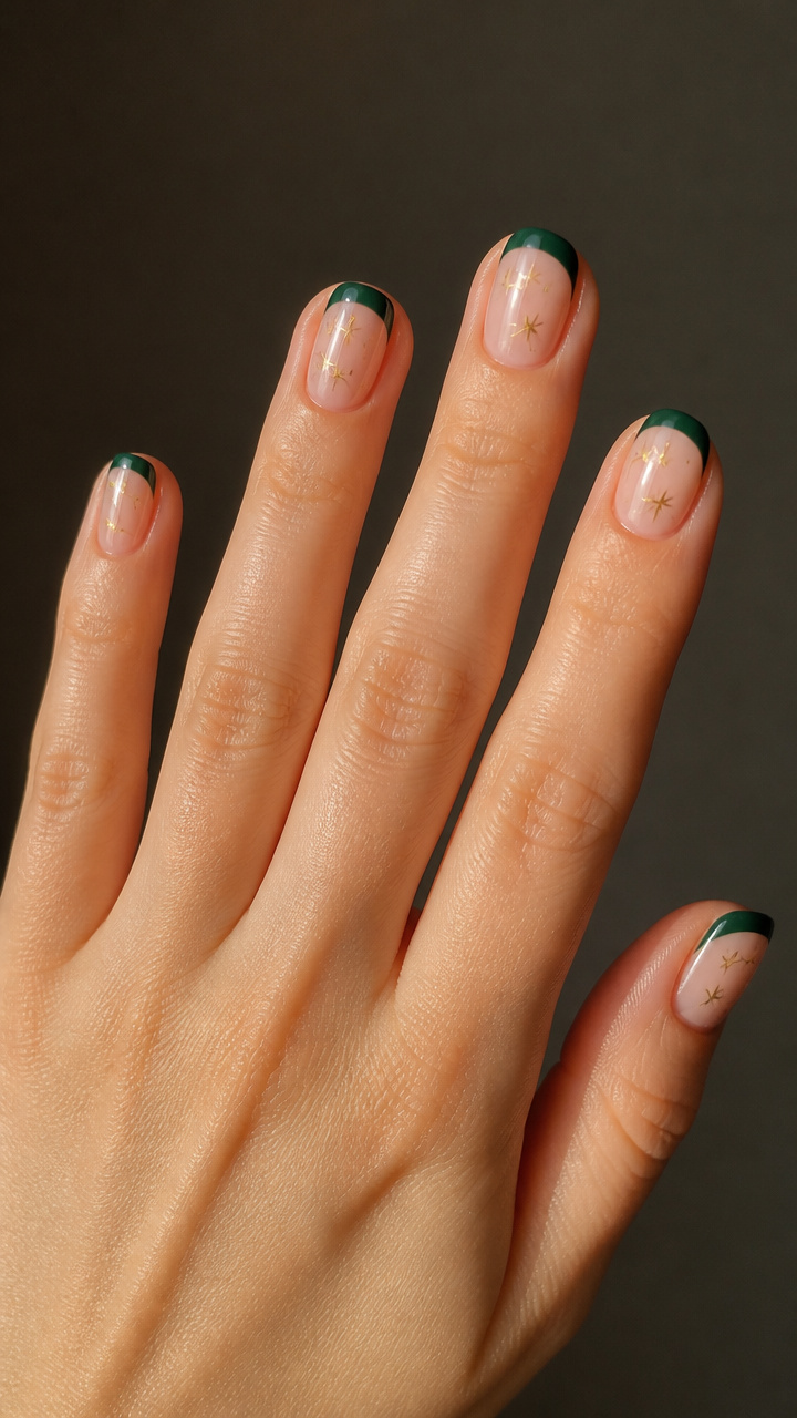 Evergreen French Tips with Gold Micro-Stars