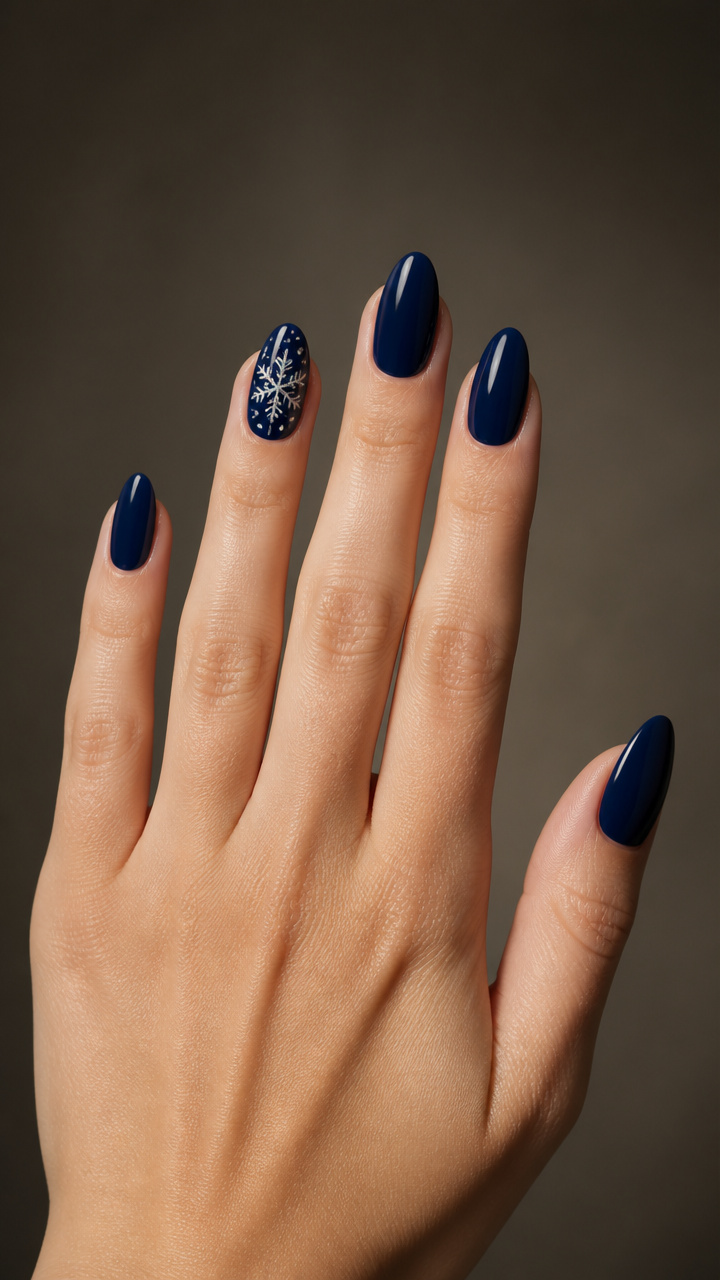 Snowflake Accent Nail with Deep Navy Base