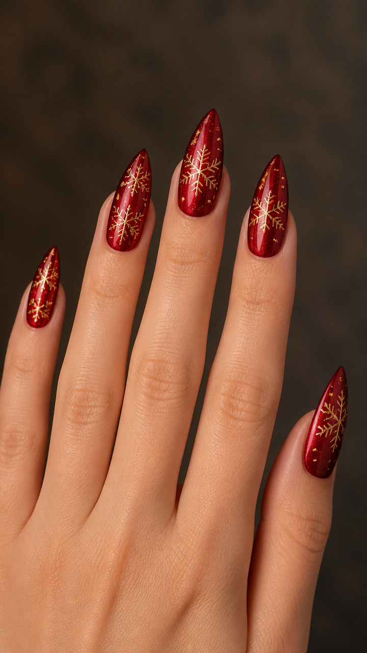 Crimson Red Tips with Gold Chrome Snowflakes