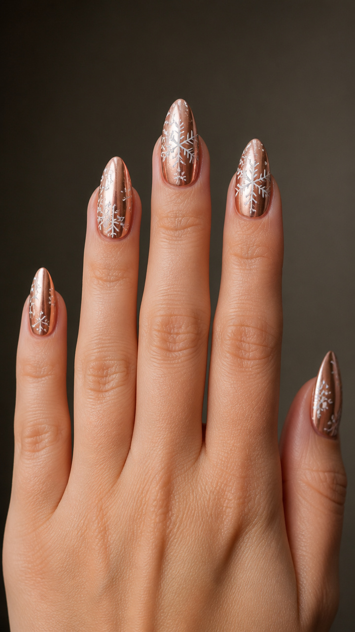 Rose Gold Chrome with Delicate Snow Crystal Art