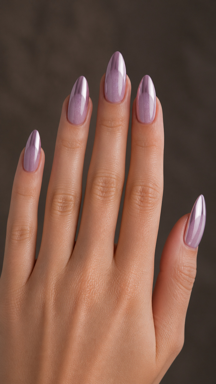 Dusty Lilac Almond Nails with Chrome Gradient