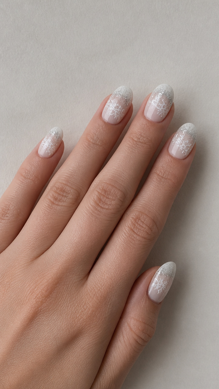 Ombre White to Silver Snowflake Tips