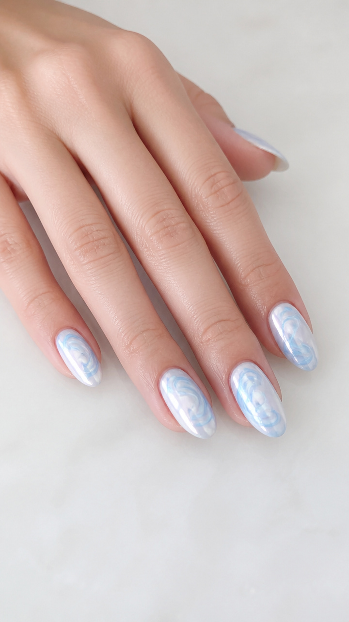 Pearlescent White with Icy Blue Swirls